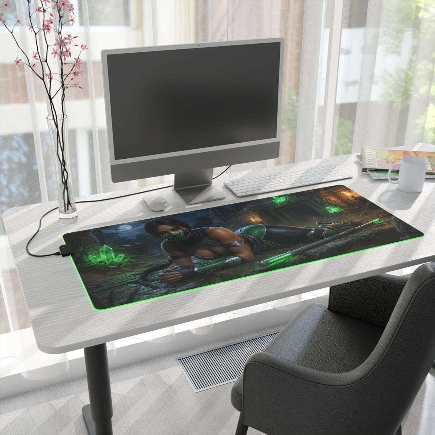 Jade Desk Mat – LED RGB Pad, Waifu Fighter Anime Girl Setup on white desk with monitor, green LED border and assassin waifu artwork