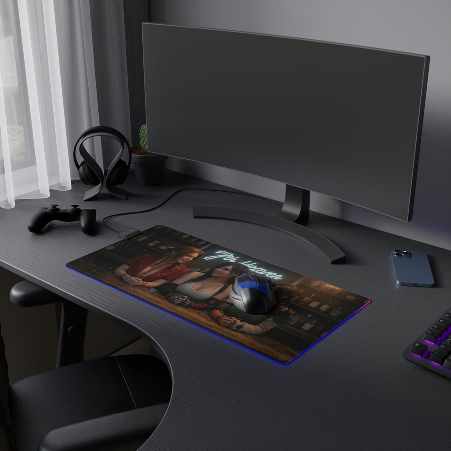 Tifa Lockhart, Aerith Gainsborough & Yuffie Kisaragi Desk Mat – LED RGB Pad showing trio artwork on illuminated gaming desk mat with smooth precision-cloth surface