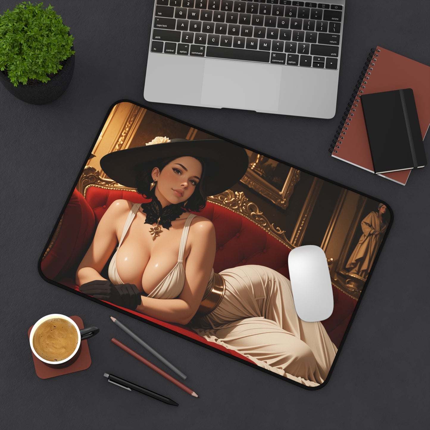 Schreibtischunterlage Lady Dimitrescu, Mauspad mit Gothic-Spiel-Bösewicht, Schreibtisch-Setup im Dark-Fantasy-Stil