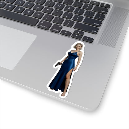 Grace Ashcroft Sticker, Resident Evil Sticker, Gaming Desk Decor, Gift for Gamer — glossy vinyl laptop sticker of Grace Ashcroft in blue dress holding pistol