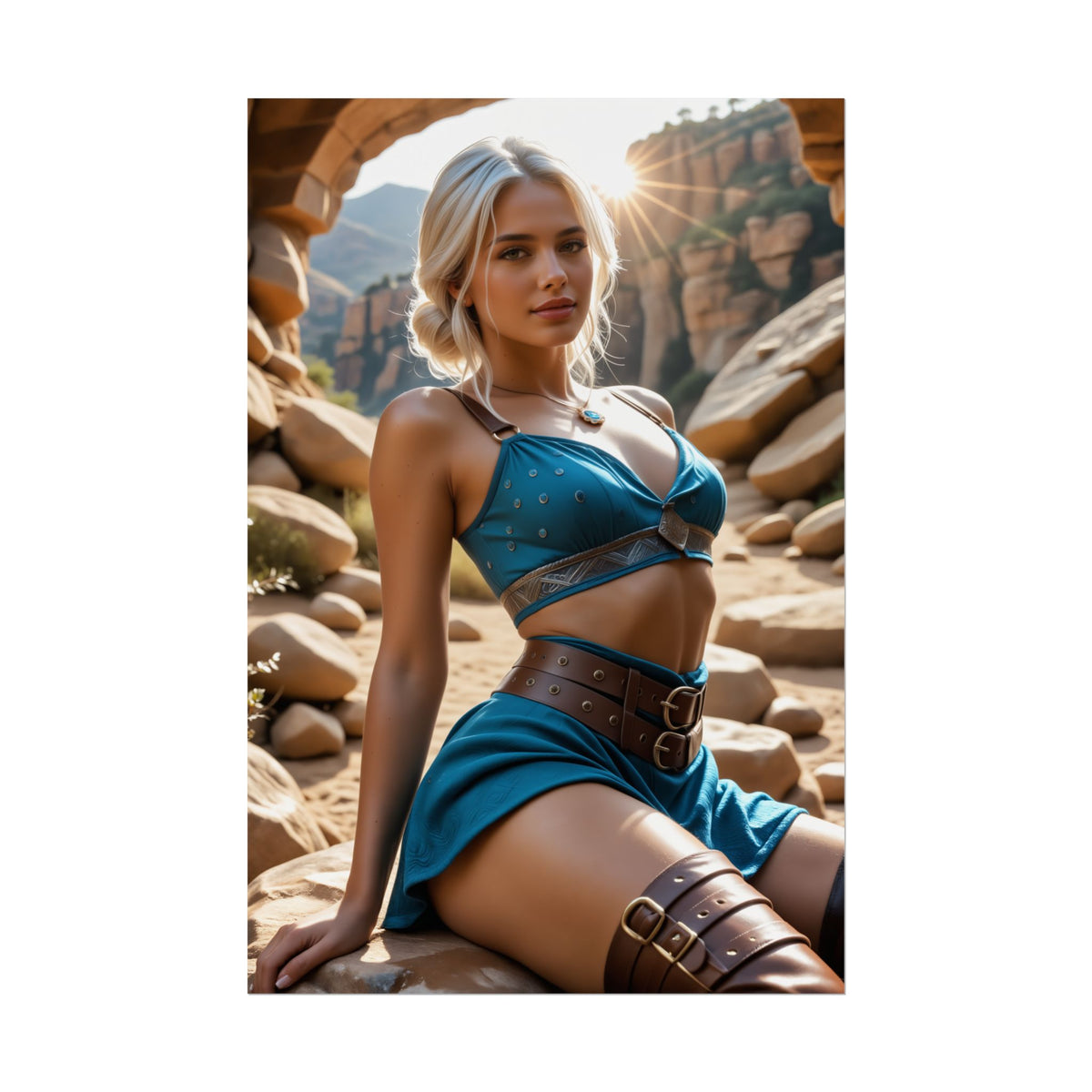 Ciri Fantasy Poster  Elegant Heroine Wall Art for Bedroom or Studio Decor featuring a seated blonde heroine in blue outfit, dramatic desert rock backdrop