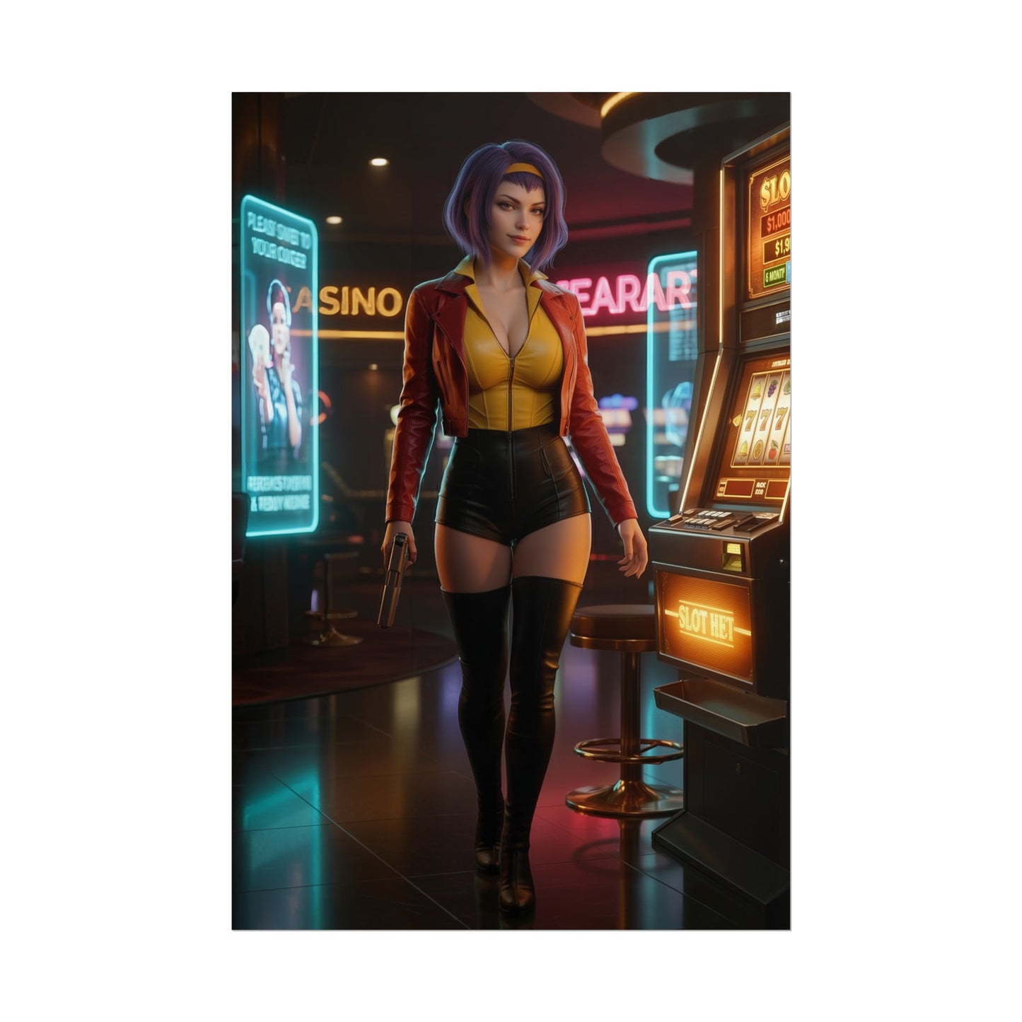 Faye Valentine Poster, Cowboy Bebop Art Print – Anime Wall Art featuring Faye in casino setting, high-res anime wall art for gamer rooms and collectors
