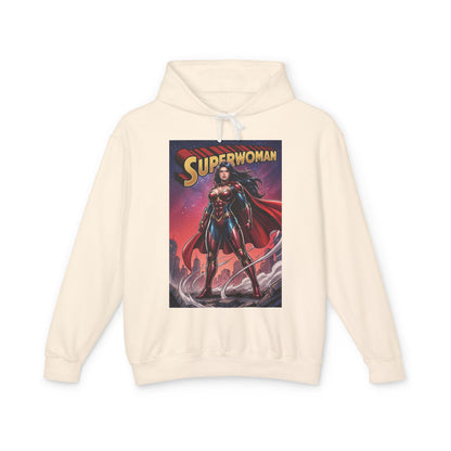 Superwoman Hoodie | DC Superhero Hoodie | Power Unleashed Pullover - cream pullover with bold Superwoman comic art, breathable 100% ring-spun cotton.