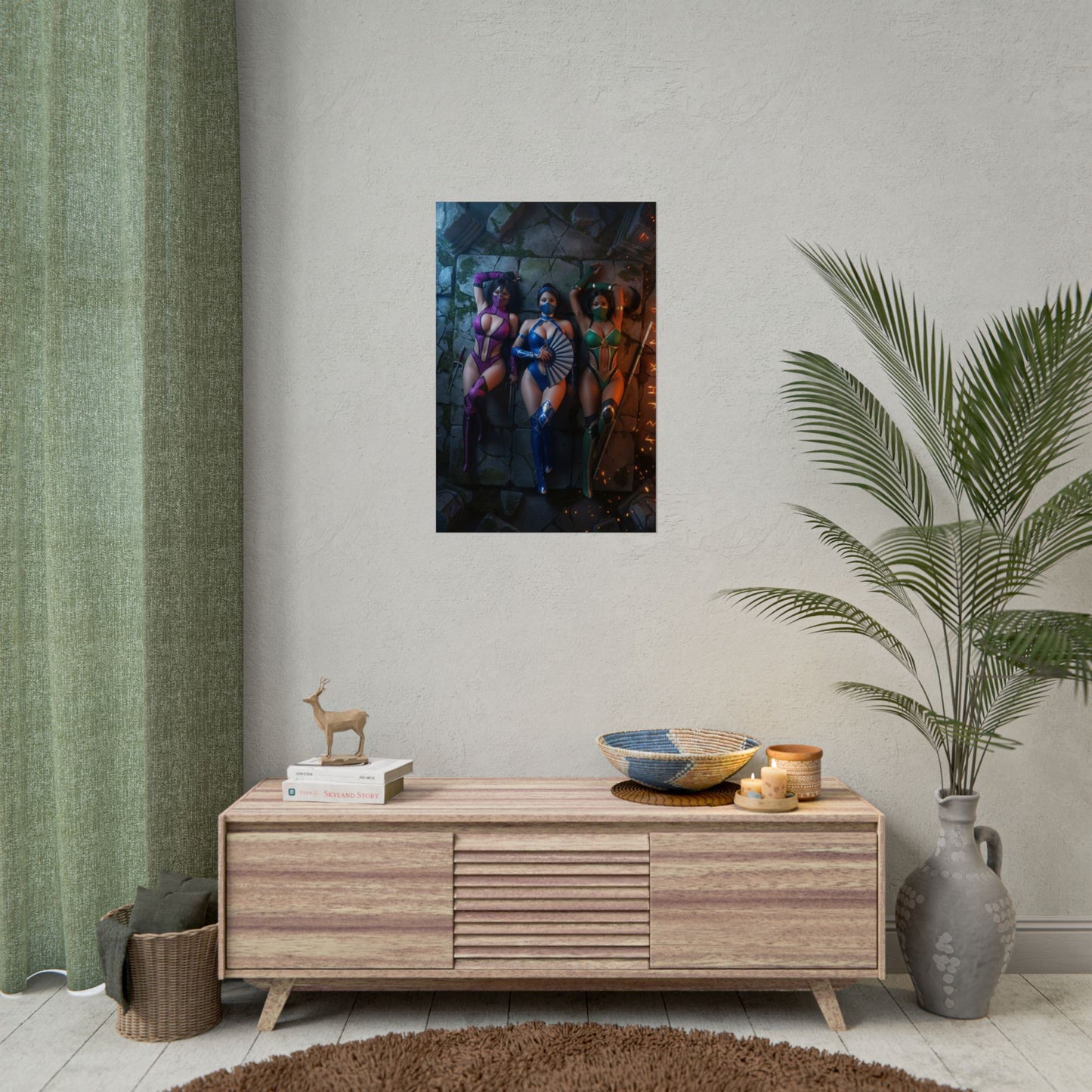Kitana Mileena Jade Poster, Mortal Kombat Wall Art Print – Trio Decor showcasing three heroines in vibrant gaming room wall art