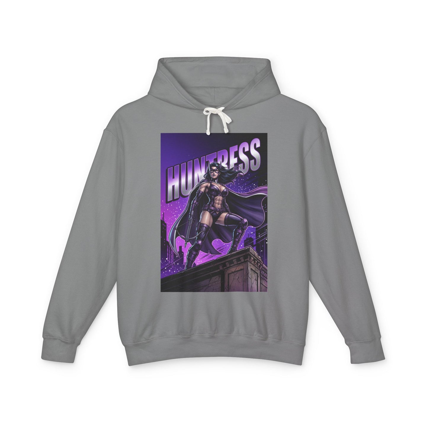 Huntress Hoodie | DC Vigilante Hoodie | Gotham Avenger Pullover - gray pullover with purple Huntress comic art, hood, drawstrings, streetwear style
