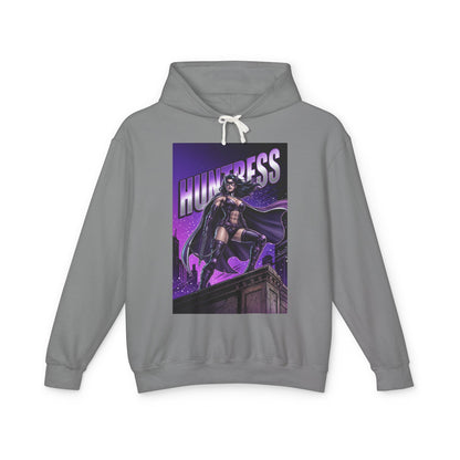 Huntress Hoodie | DC Vigilante Hoodie | Gotham Avenger Pullover - gray pullover with purple Huntress comic art, hood, drawstrings, streetwear style