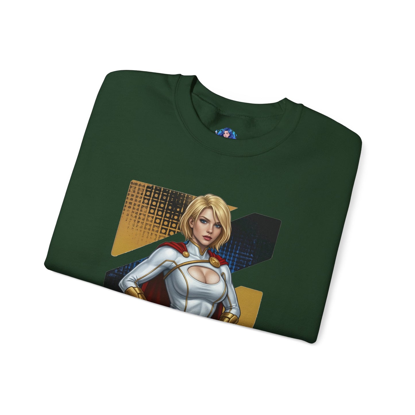 Power Girl Sweatshirt, DC Comics Crewneck, Bold Superhero Apparel for Fans — folded dark green crewneck showing Power Girl chest-print and cape design