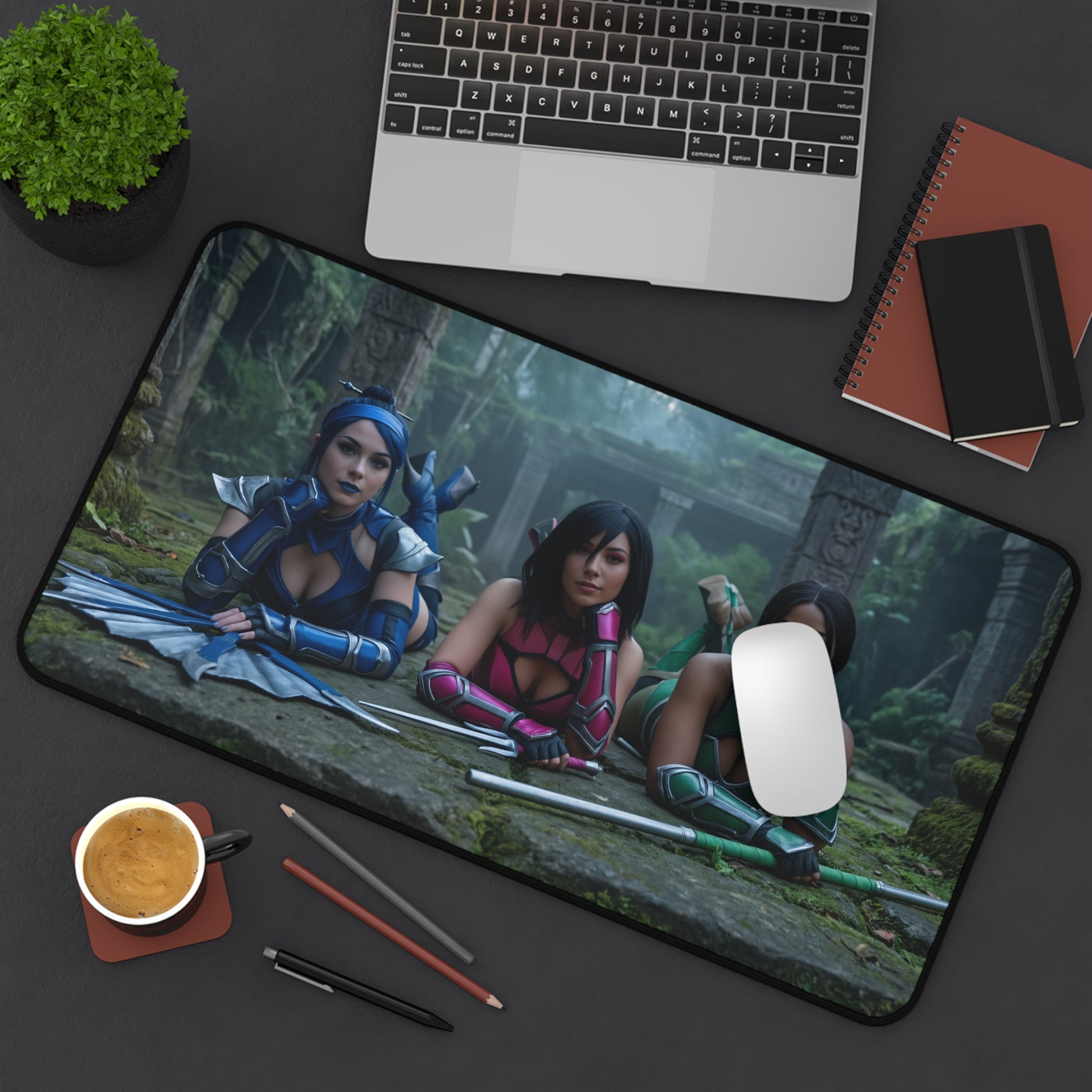 Kitana Jade Mileena Gaming Mouse Pad, Mortal Kombat Desk Mat, Edenian Fighters Setup featuring trio artwork on a premium large gaming desk mat
