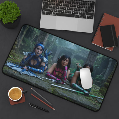 Kitana Jade Mileena Gaming Mouse Pad, Mortal Kombat Desk Mat, Edenian Fighters Setup featuring trio artwork on a premium large gaming desk mat