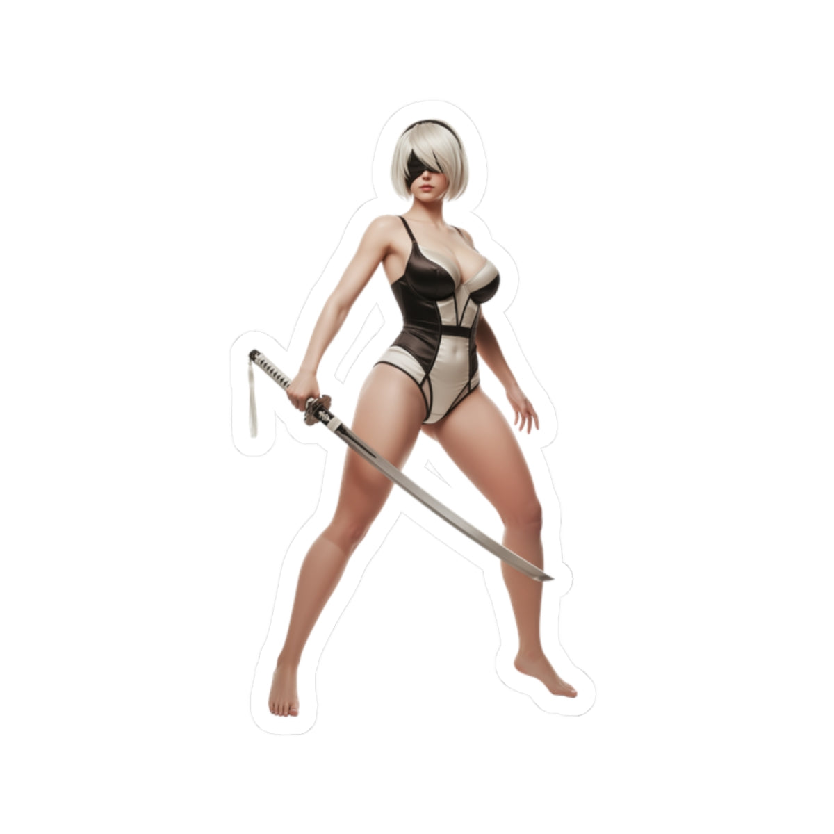 2B Sticker – Sci-Fi Game Vinyl Sticker for Laptops & Indoor Decor featuring sleek 2B character with sword, glossy durable vinyl for laptops and indoor decor