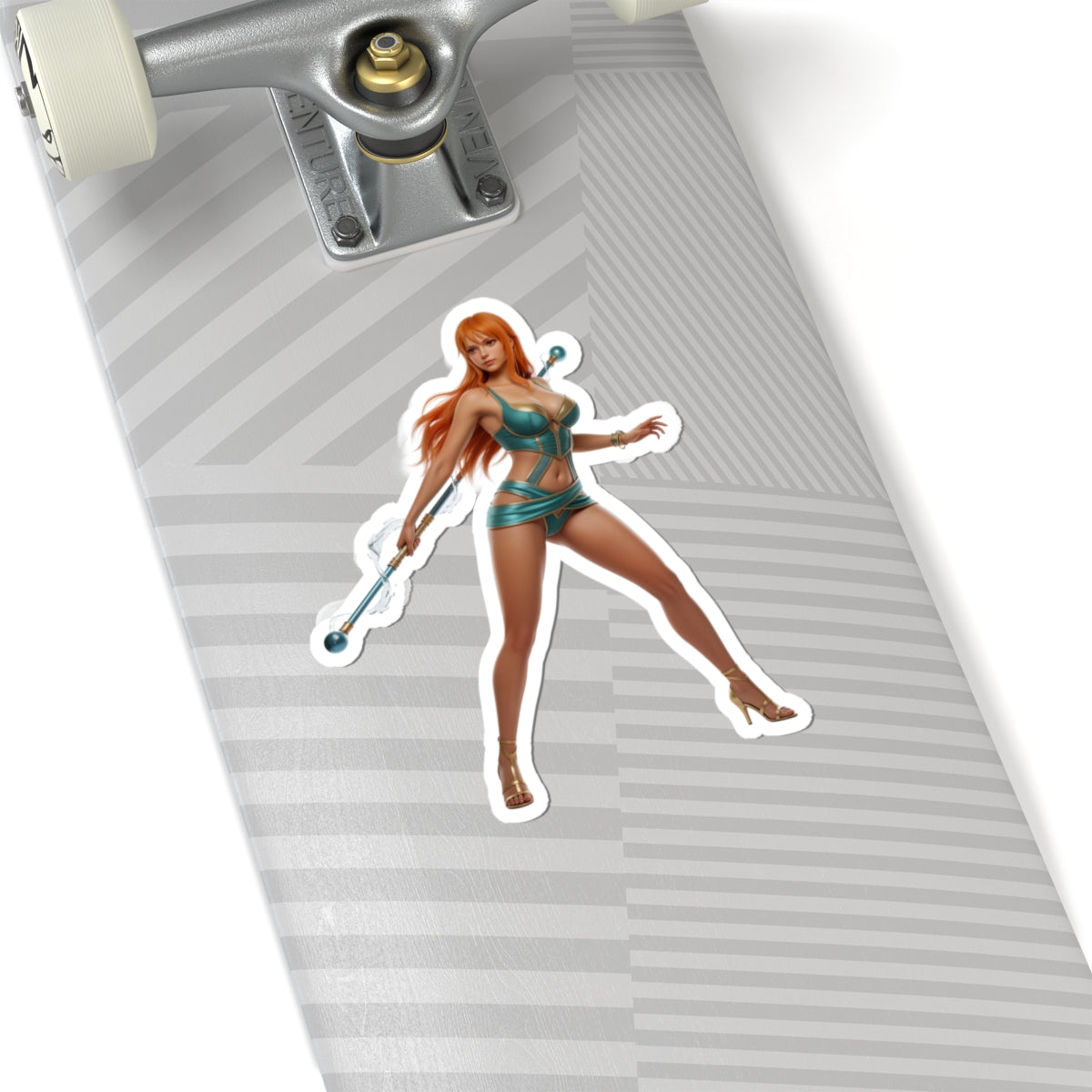 Nami One Piece Sticker – Anime Character Vinyl Sticker for Laptops & Indoor Decor on skateboard laptop decal showing glossy durable vinyl anime character