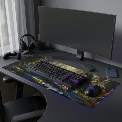 Kitana Desk Mat – LED RGB Pad, Waifu Fighter Anime Girl Setup on black gaming desk with keyboard and mouse
