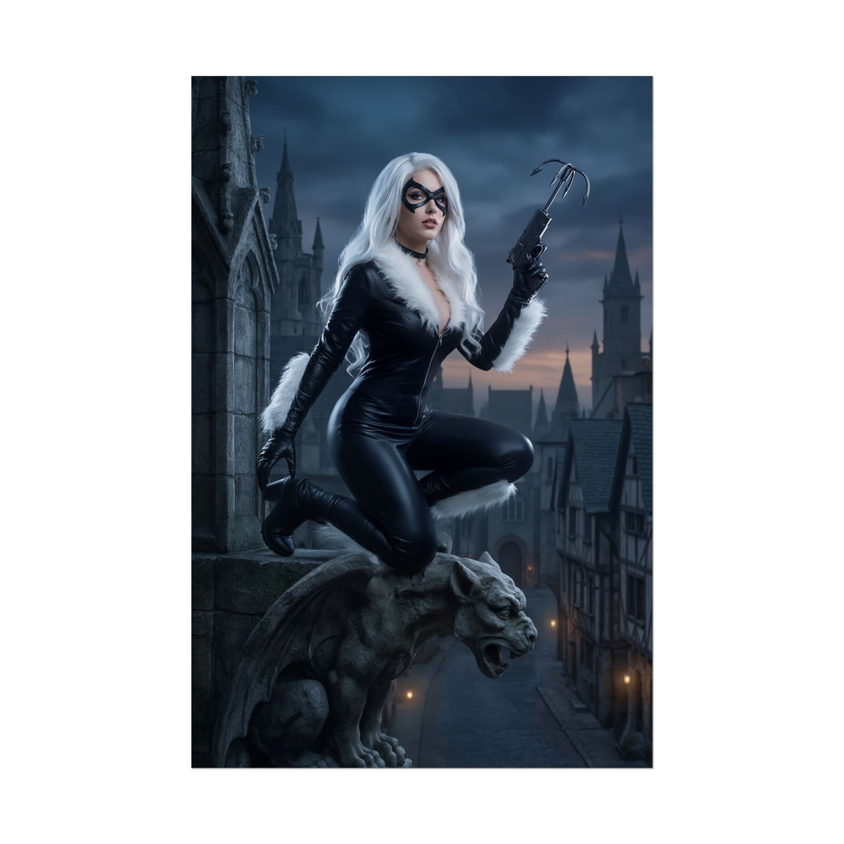 Black Cat Poster, Marvel Art Print  Iconic Anti-Heroine Wall Art of Black Cat crouched on gargoyle in leather suit, perfect gamer room or collector display