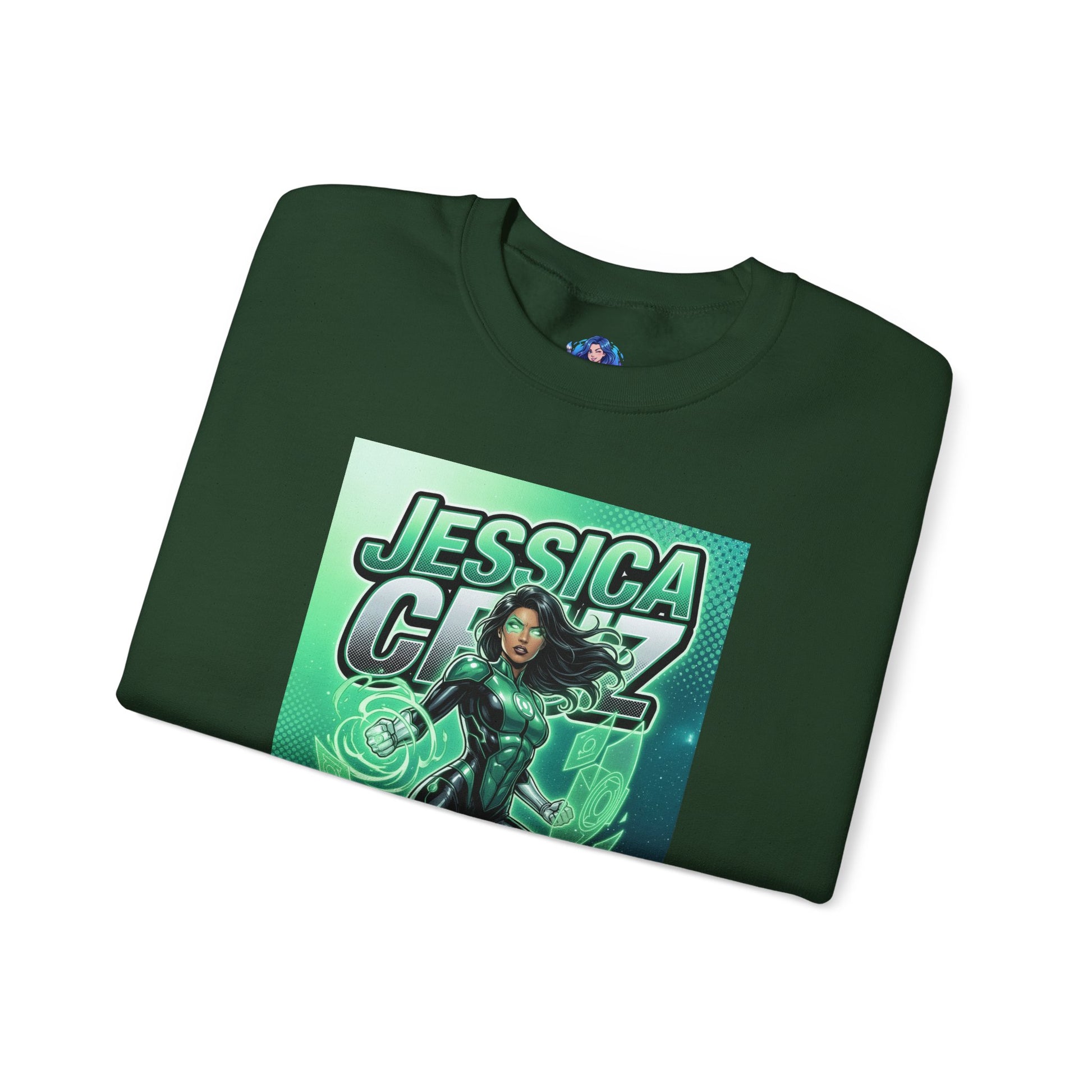 Jessica Cruz Sweatshirt, DC Comics Crewneck, Green Lantern Fan Apparel - folded green crewneck with Jessica Cruz glowing energy art