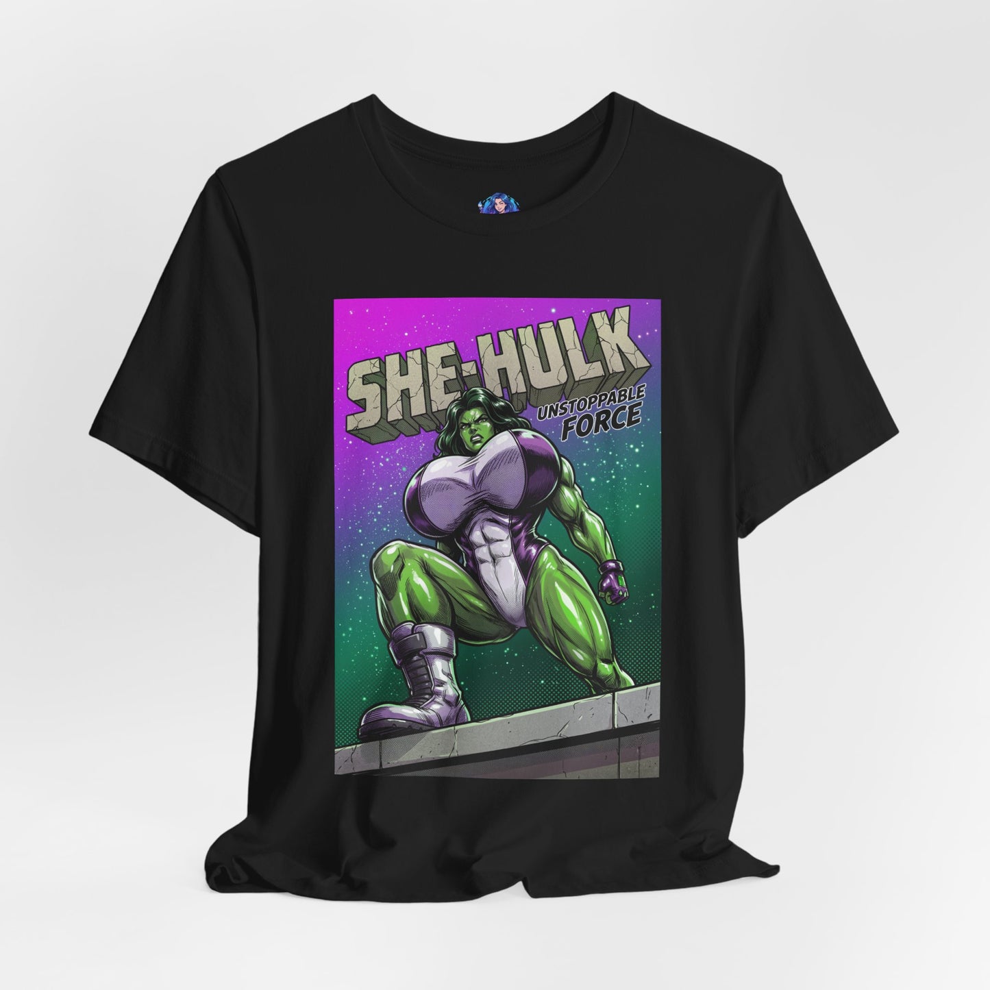She-Hulk T-Shirt | Marvel Comic Heroine Anime Tee black Bella Canvas 3001 with bold comic She-Hulk illustration