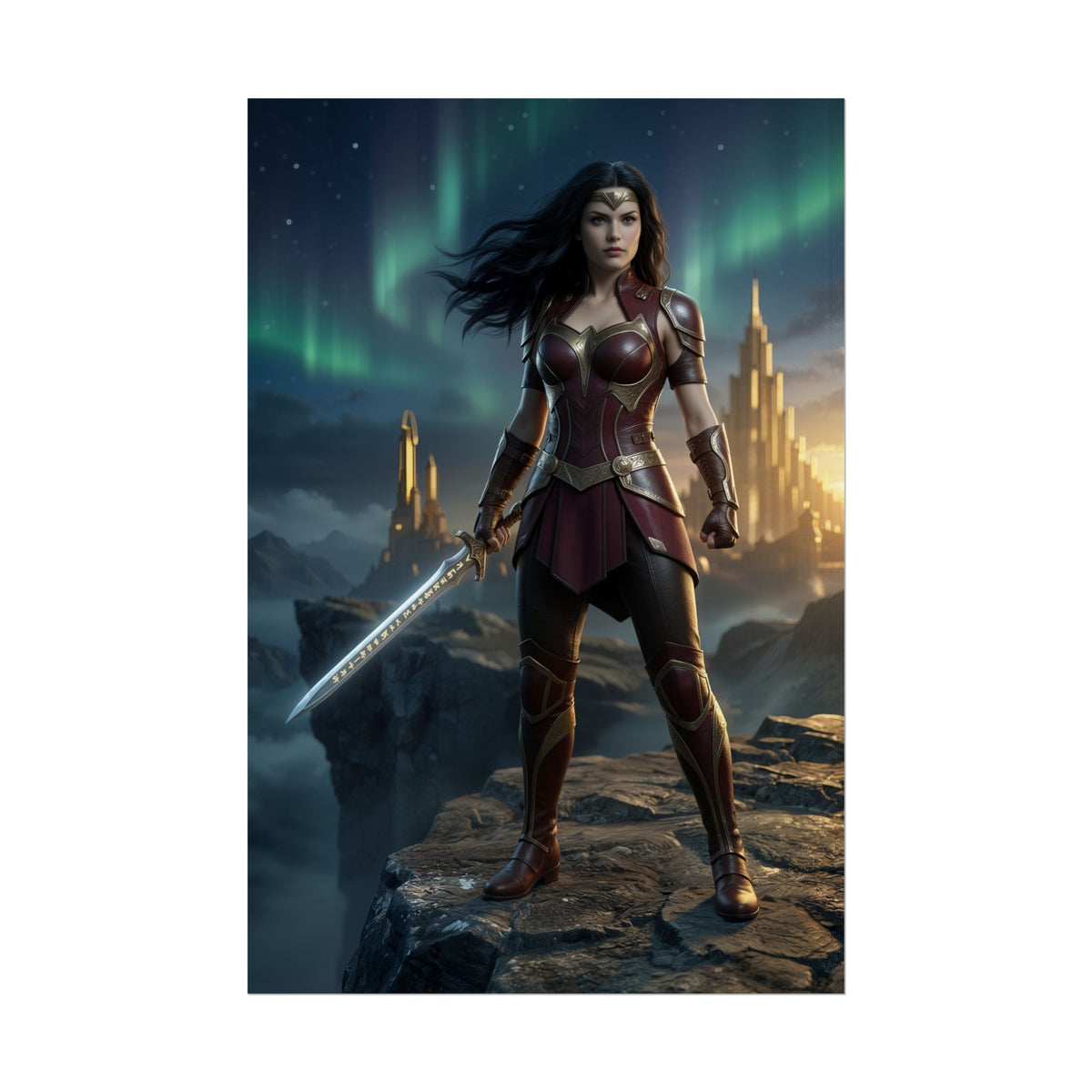 Lady Sif Poster, Marvel Art Print  Asgardian Warrior Wall Art, fierce Asgardian warrior standing on cliff with sword and aurora