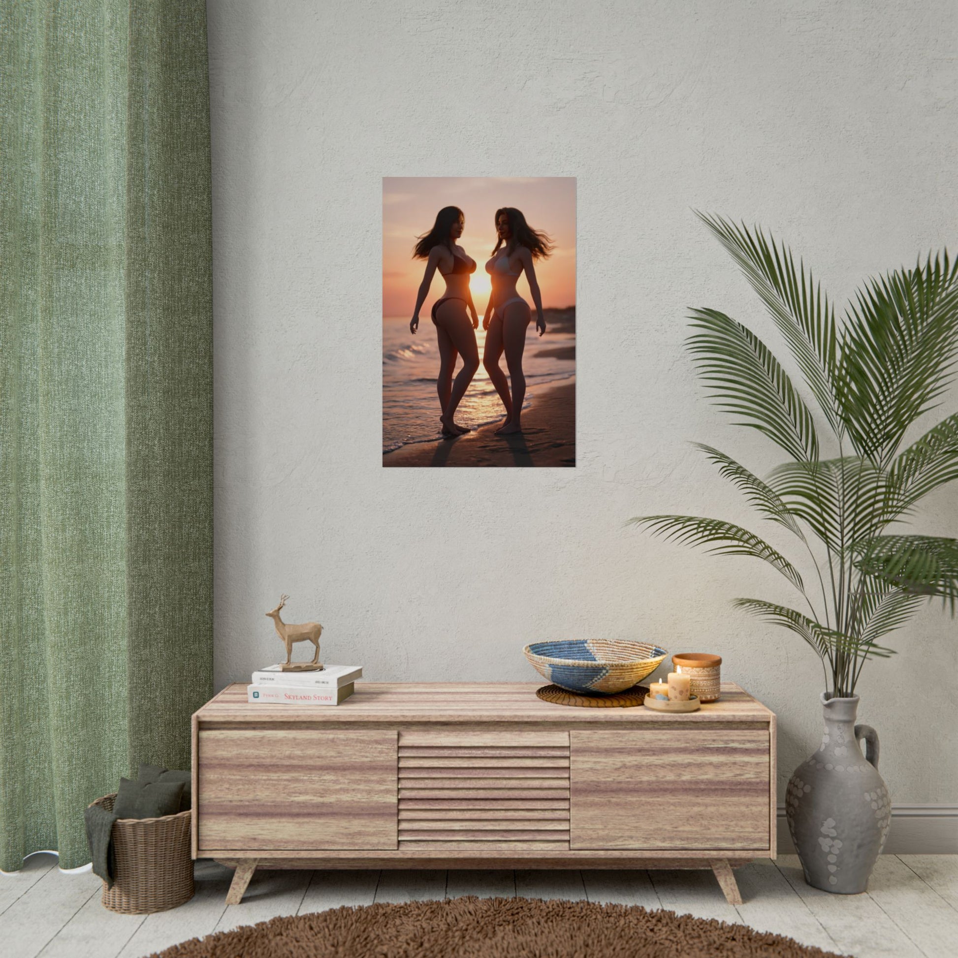 Tifa Aerith Poster, Final Fantasy Art Print – Legendary RPG Duo Wall Art showing silhouetted duo on a beach sunset wall print