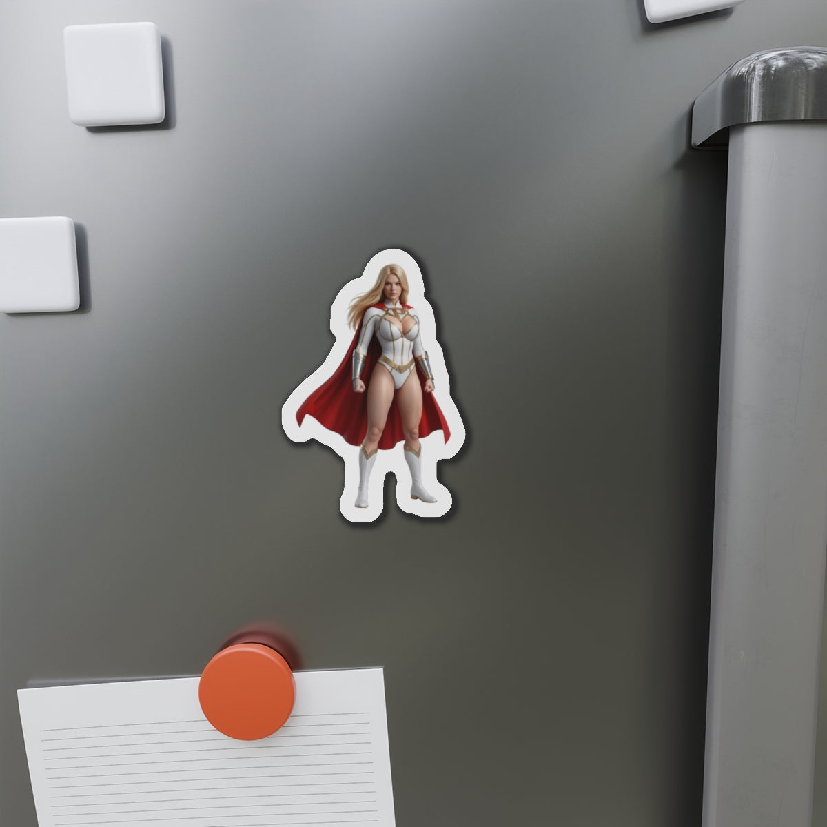 Power Girl Magnet – DC Comic Heroine Fridge Magnet, Anime Style Decor — die-cut vinyl fridge magnet showing anime-style Power Girl with red cape