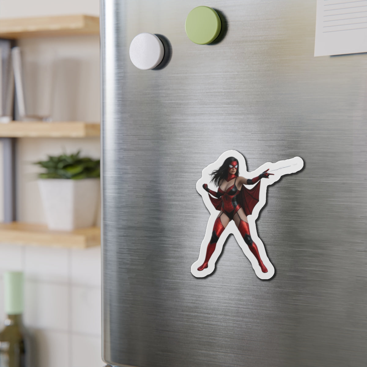 Spider-Woman Magnet – Marvel Heroine Fridge Magnet, Anime Style Decor on stainless fridge showing die-cut anime-style Spider-Woman vinyl magnet