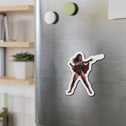 Spider-Woman Magnet – Marvel Heroine Fridge Magnet, Anime Style Decor on stainless fridge showing die-cut anime-style Spider-Woman vinyl magnet