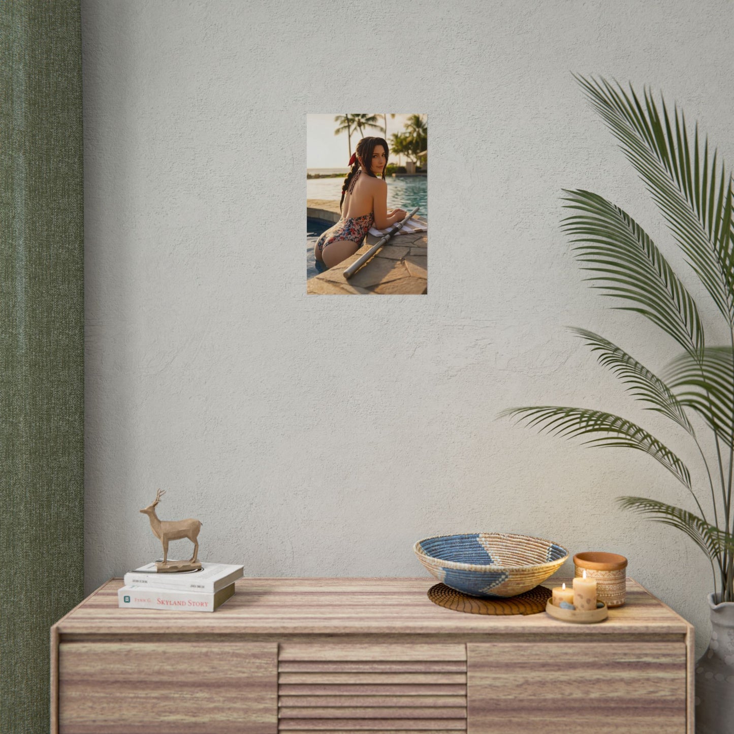 Aerith Final Fantasy Poster – Iconic RPG Heroine Wall Art Decor displayed above a dresser in a minimalist room, high-resolution gaming wall art