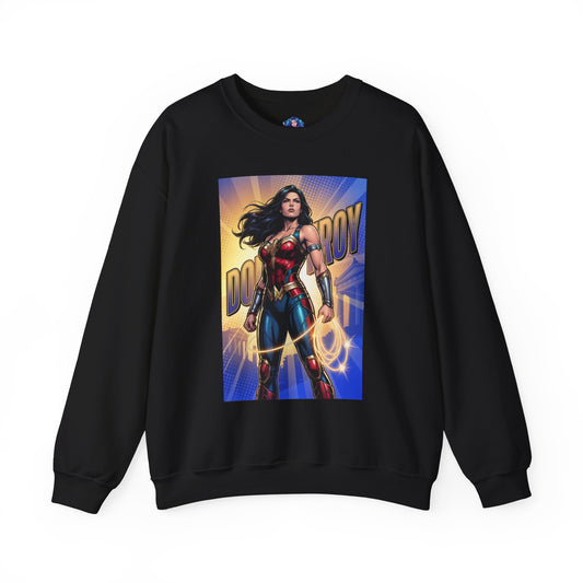 Donna Troy Sweatshirt, DC Comics Hero Art, Premium Warrior Apparel — black crewneck featuring Donna Troy in red-blue armor with golden lasso