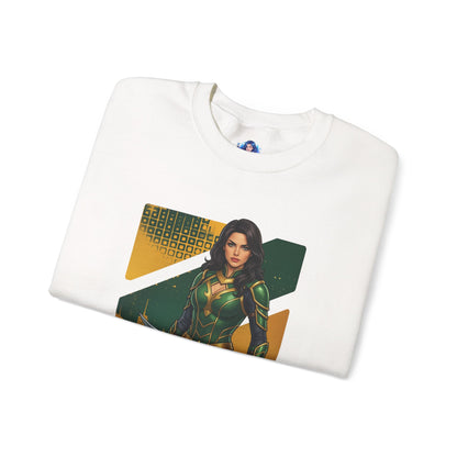 Talia al Ghul Sweatshirt, DC Comics Crewneck, Elegant Villain Apparel for Fans - folded white crewneck with dark green character artwork