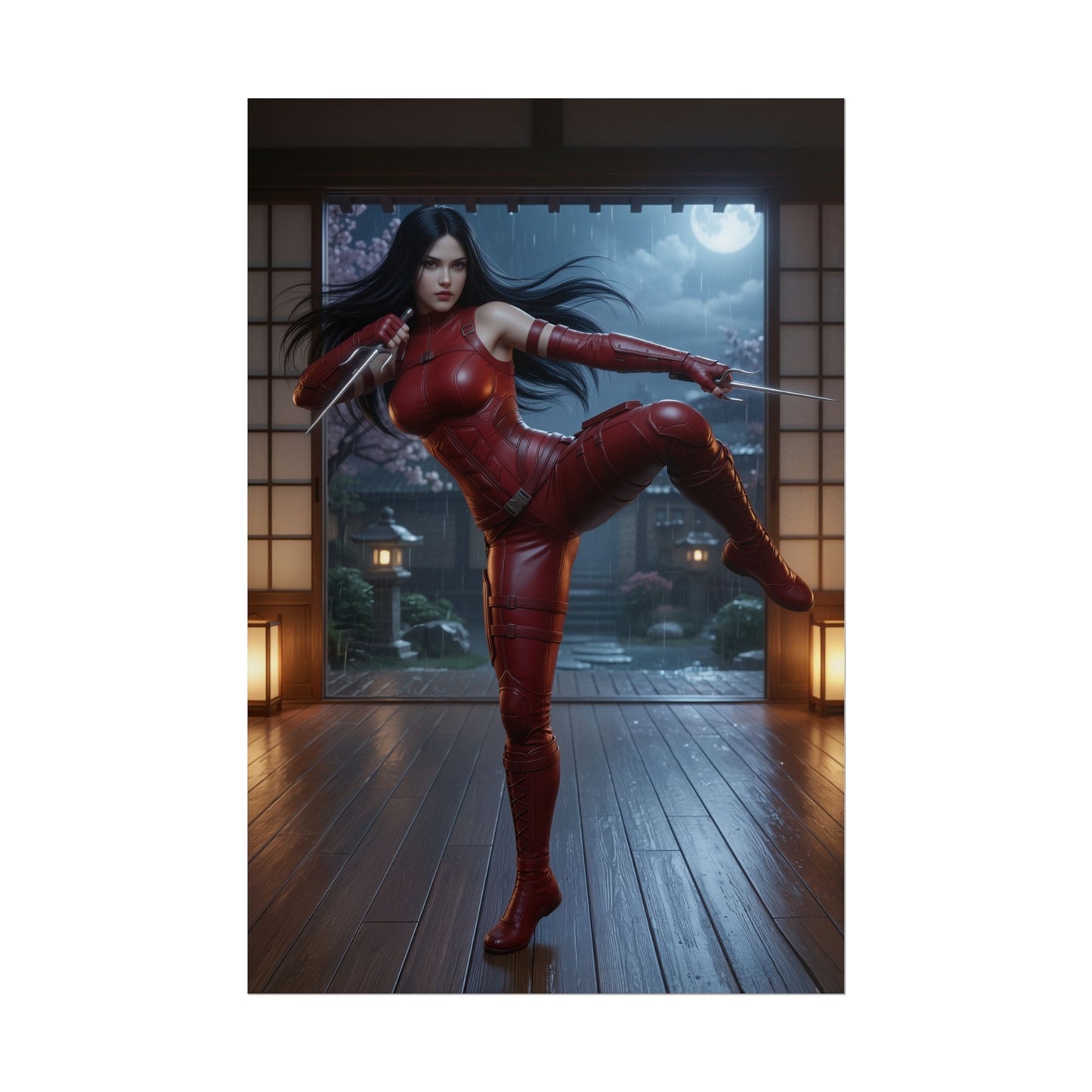 Elektra Poster, Marvel Art Print – Dark Superhero Wall Decor featuring Elektra in red costume poised with sais in a moonlit Japanese room
