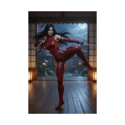 Elektra Poster, Marvel Art Print – Dark Superhero Wall Decor featuring Elektra in red costume poised with sais in a moonlit Japanese room