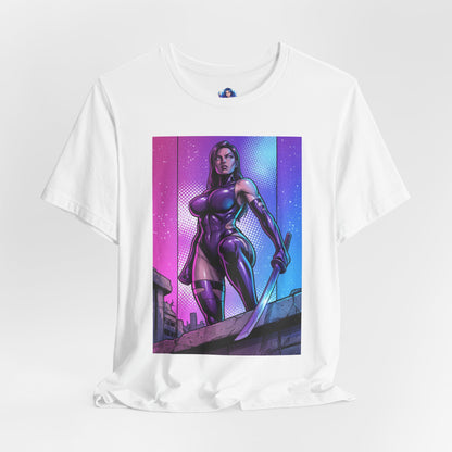 Psylocke T-Shirt | X-Men Anime Style Comic Tee featuring bold comic-style Psylocke in sleek bodysuit with blade against split-color backdrop on Bella Canvas tee
