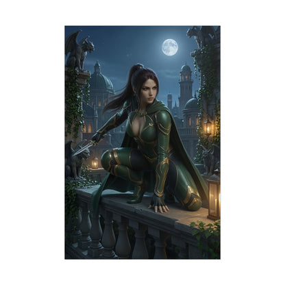 Alt Tag: Talia al Ghul Poster, DC Comics Art Print – Assassin Wall Art depicting Talia in green assassin armor on a moonlit rooftop, perfect gamer room decor
