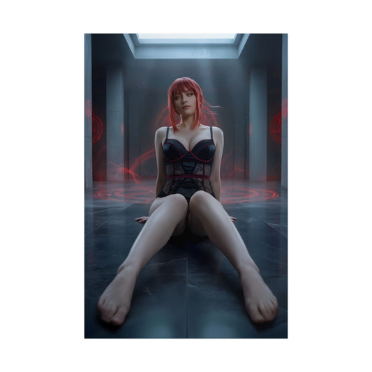 Makima Poster / Makima Wall Art / Makima Art Print / Chainsaw Man Poster showing Makima seated in a sterile room, calm dominant pose with red energy accents