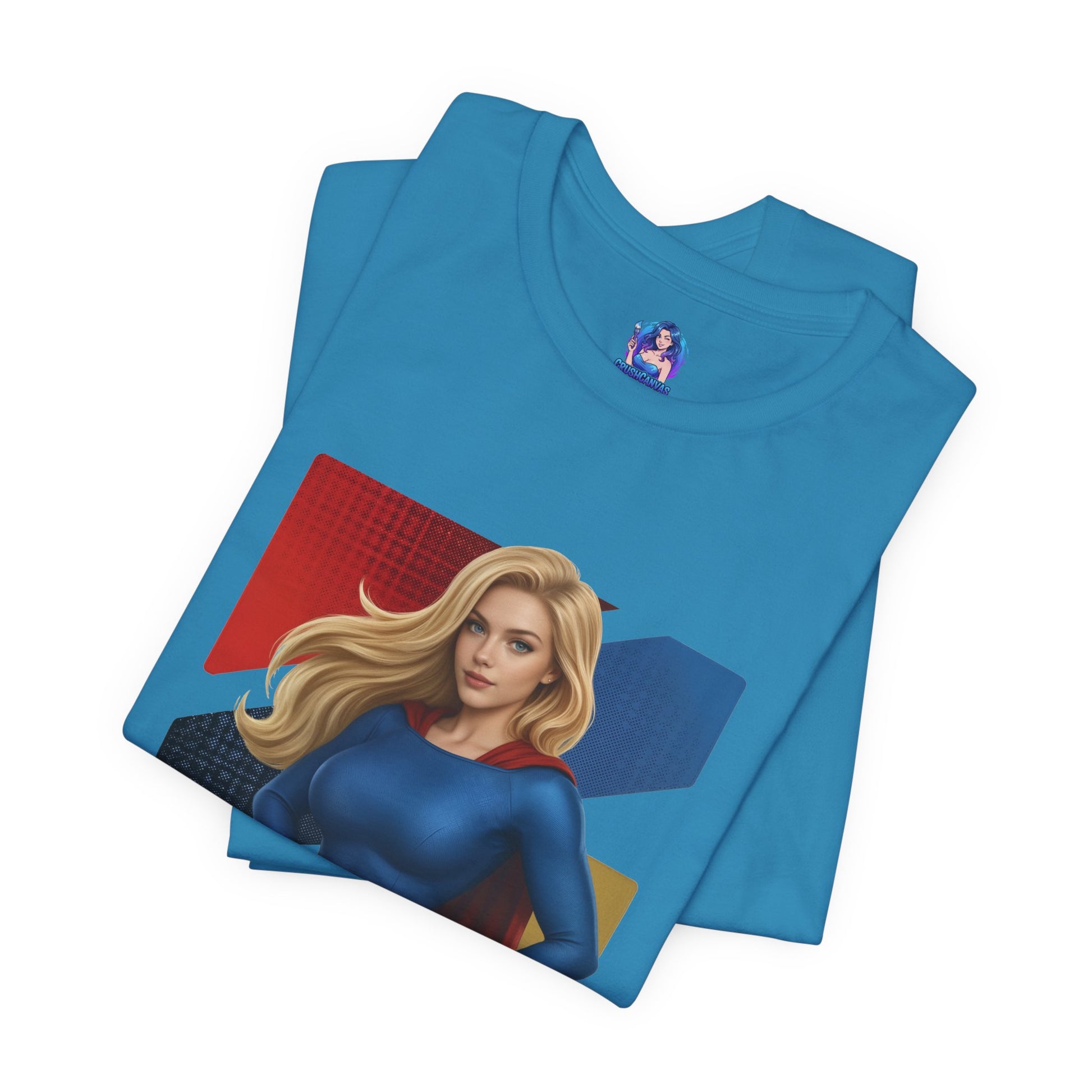 Supergirl T-Shirt | DC Comics Anime Tee for Gamers & Hero Fans — Bella Canvas 3001 blue tee with anime-style Supergirl illustration
