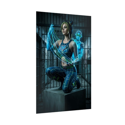 Jolyne Cujoh Poster, JoJo Stone Ocean Art Print, Iconic Anime Hero featuring Jolyne with her Stand in a dynamic neon prison scene