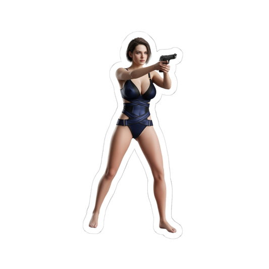 Jill Valentine Sticker – Survival Game Vinyl Sticker for Laptops & Indoor Decor, glossy durable vinyl decal of tactical female character aiming pistol