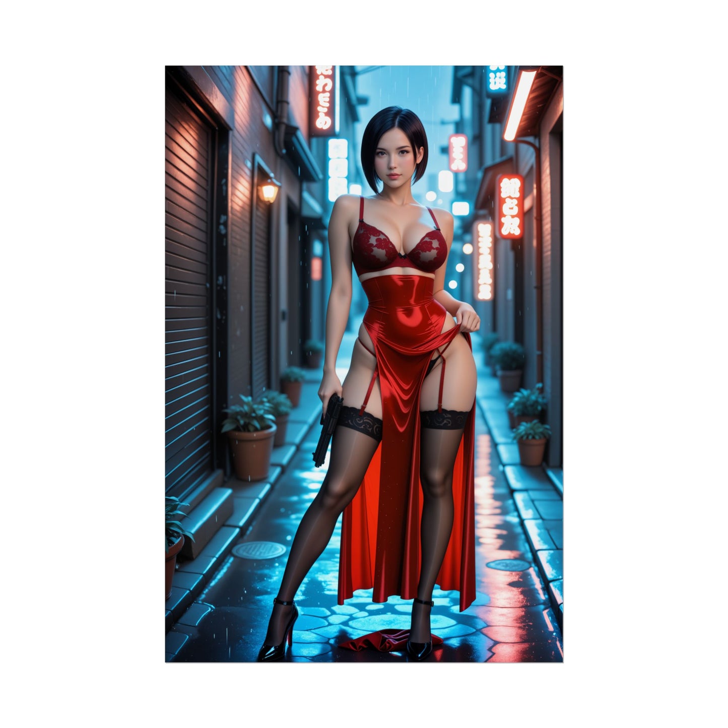 Ada Wong Poster, Anime-Mädchen im roten Kleid Kunstdruck, Waifu-Spionin Wanddeko