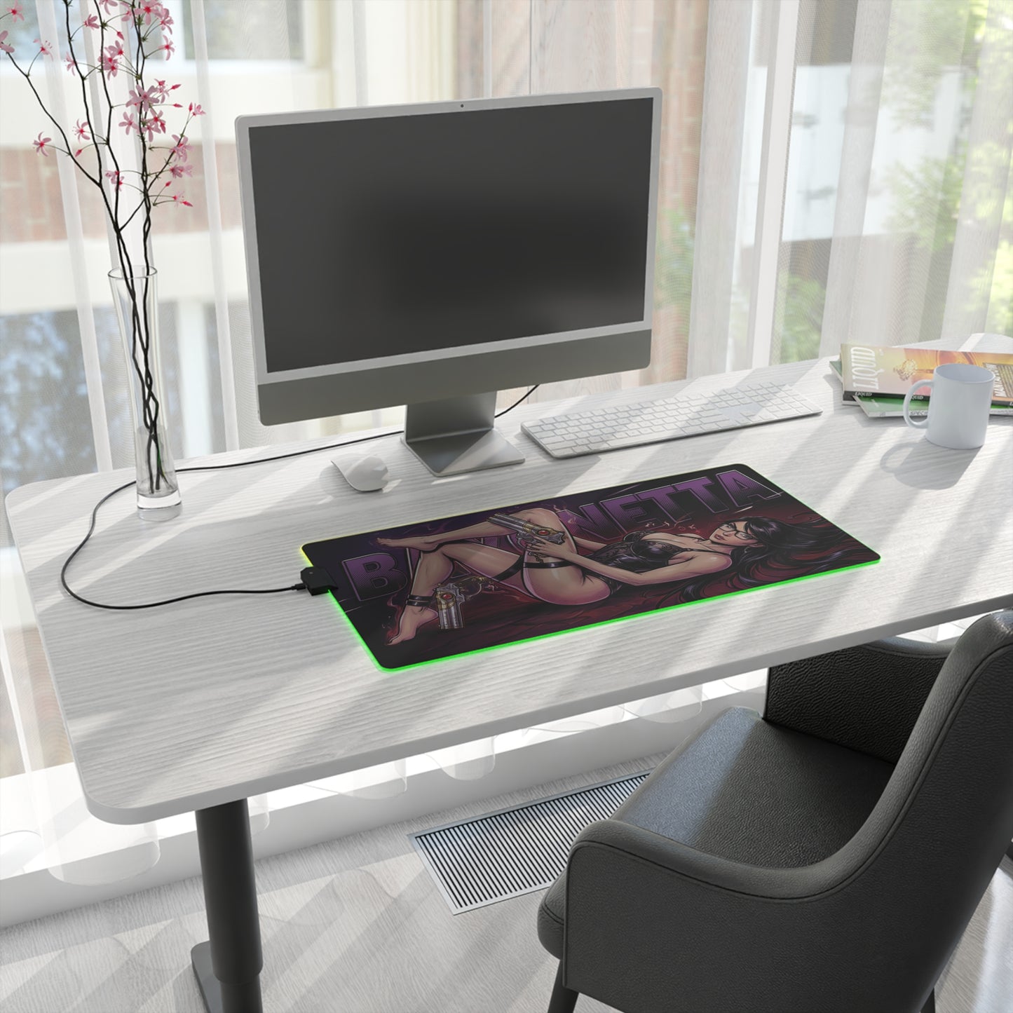 Bayonetta RGB Desk Mat, Action Game Gaming Mouse Pad, LED Desk Mat for Gamer Setup featuring bold character artwork and green RGB edge on clean white desk