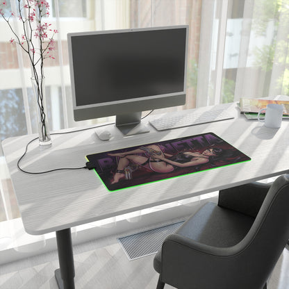 Bayonetta RGB Desk Mat, Action Game Gaming Mouse Pad, LED Desk Mat for Gamer Setup featuring bold character artwork and green RGB edge on clean white desk