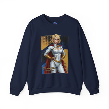 Power Girl Sweatshirt, DC Comics Crewneck, Bold Superhero Apparel for Fans navy crewneck showing confident Power Girl artwork on front