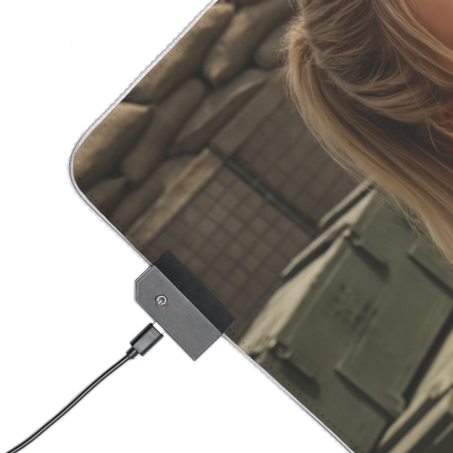 Sonya Blade Desk Mat – LED RGB Pad, Waifu Fighter Anime Girl Setup close-up showing LED controller, braided cable and tactical design corner