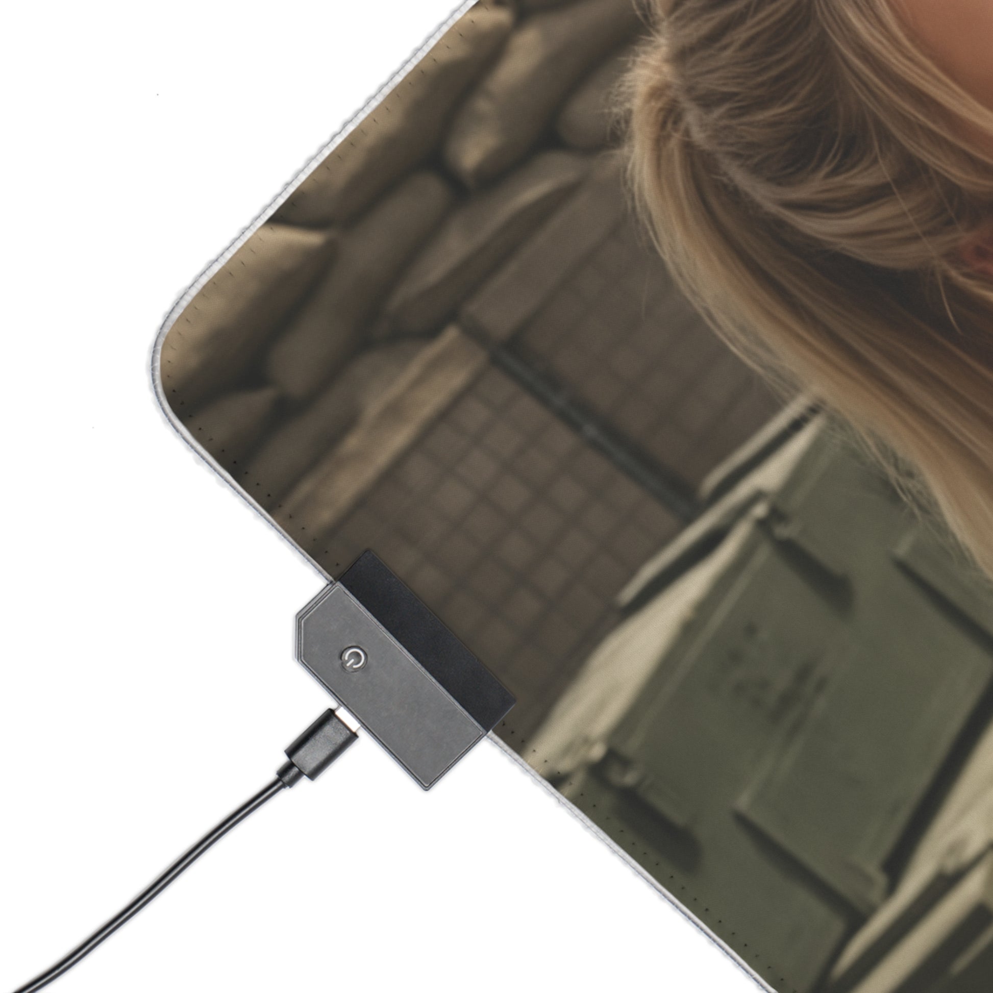 Sonya Blade Desk Mat – LED RGB Pad, Waifu Fighter Anime Girl Setup close-up showing LED controller, braided cable and tactical design corner