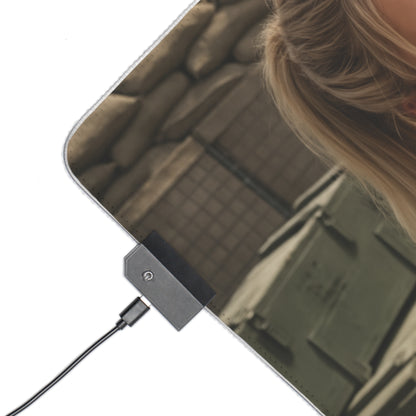 Sonya Blade Desk Mat – LED RGB Pad, Waifu Fighter Anime Girl Setup close-up showing LED controller, braided cable and tactical design corner