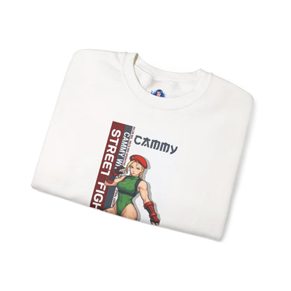 Cammy Sweatshirt, Street Fighter Crewneck, Classic Fighting Game Apparel for Fans - folded white crewneck featuring Cammy green outfit artwork