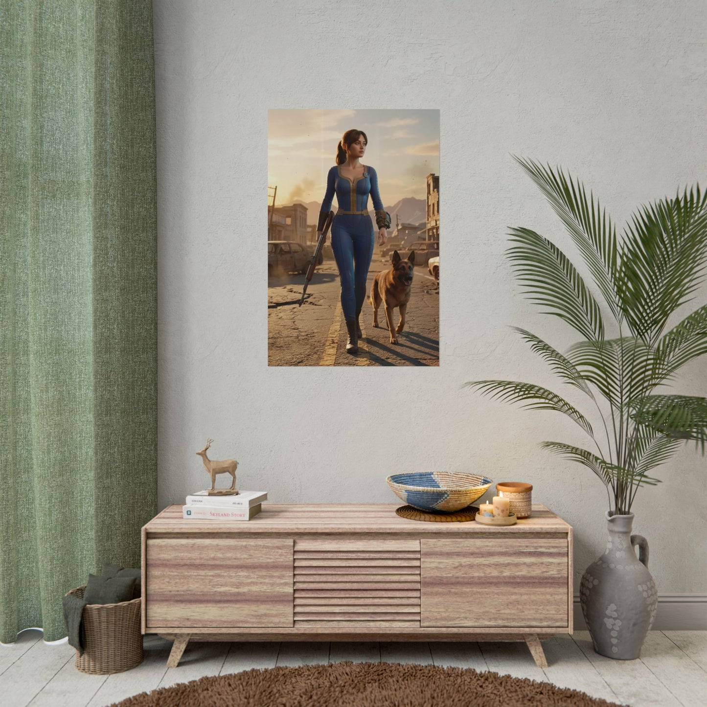 Lucy Fallout Poster, Fallout Wall Art Print – Gamer Decor hanging above media console in sci-fi gaming room