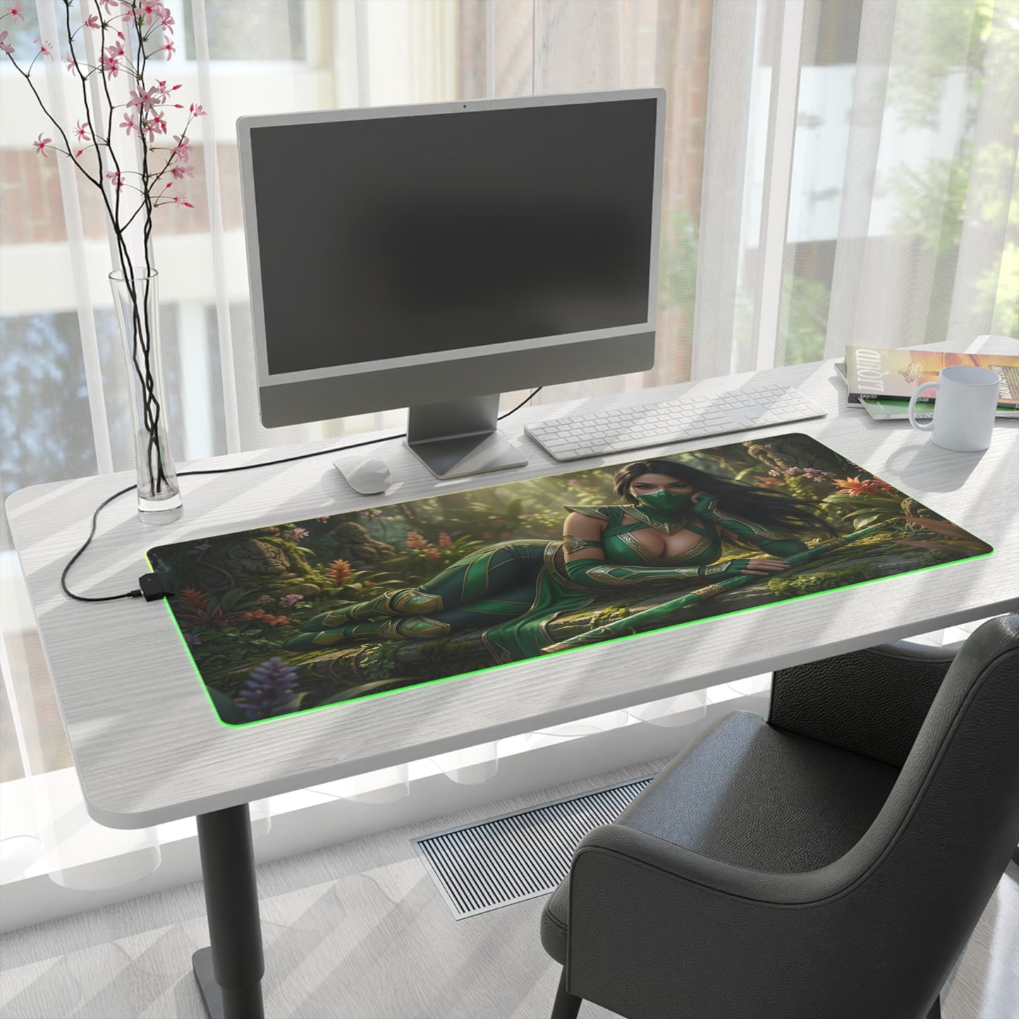 Jade Desk Mat – LED RGB Pad, Waifu Fighter Anime Girl Setup on white desk with glowing green edge and reclining anime warrior illustration