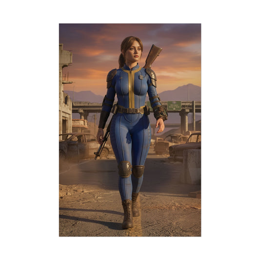 Lucy Fallout Poster, Fallout Art Print – Vault Dweller Wall Art featuring Vault suit heroine walking through post-apocalyptic desert road