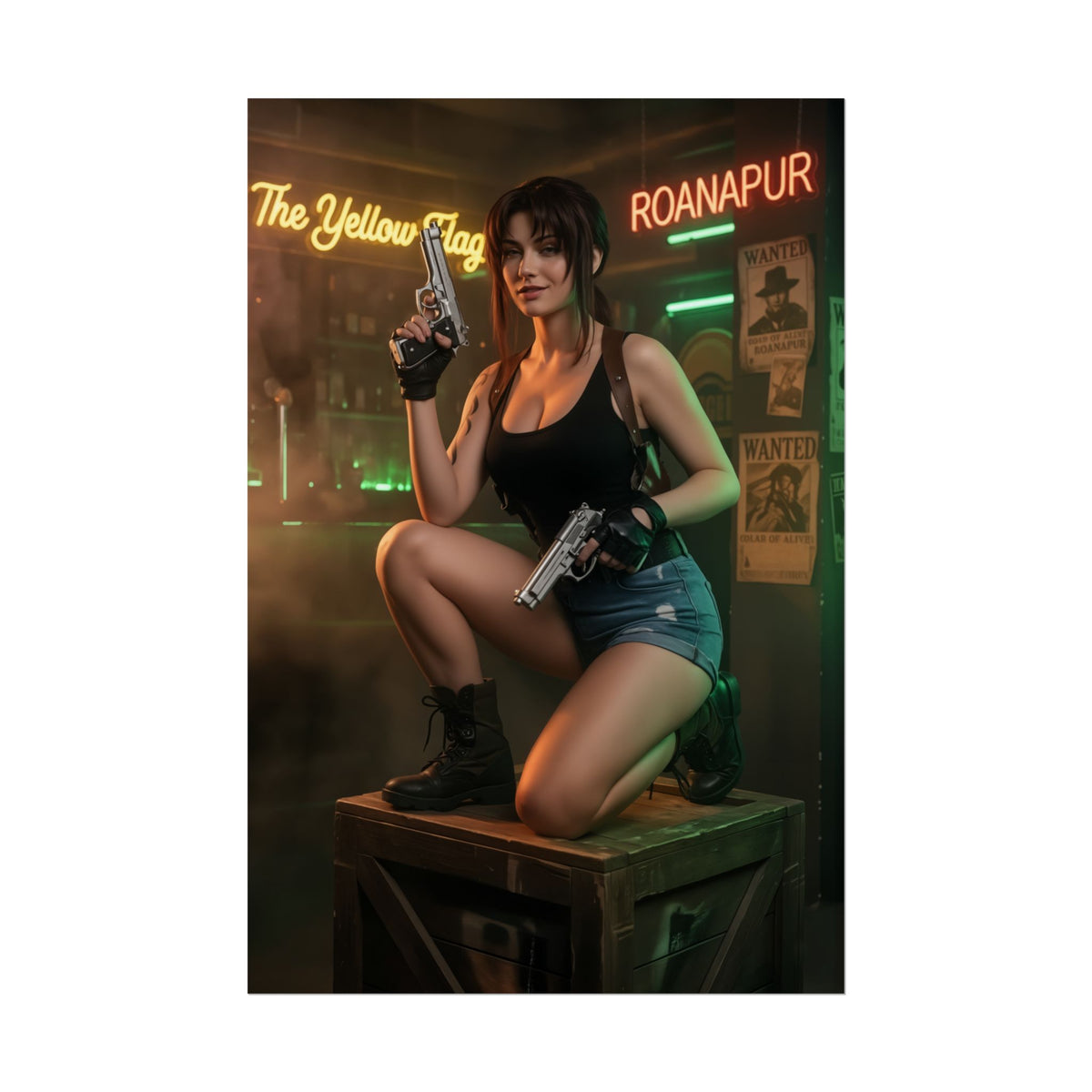 Revy Poster, Black Lagoon Art Print, Iconic Action Anime Character Wall Decor - bold Revy posing with dual pistols in neon bar setting