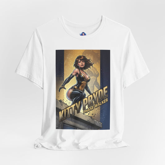 Kitty Pryde T-Shirt | Marvel X-Men Anime Tee for Gamers & Fans front view white Bella Canvas tee with stylized Kitty Pryde phase-walker illustration