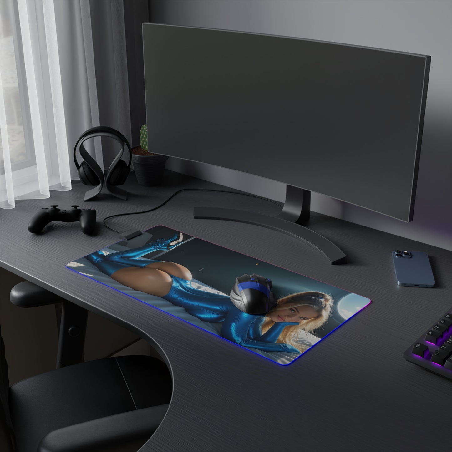 Килимок для столу Samus Aran – світлодіодний RGB-підсвітлювальний килимок, ігровий декор із зображенням дівчини-аніме Вайфу у науково-фантастичному стилі