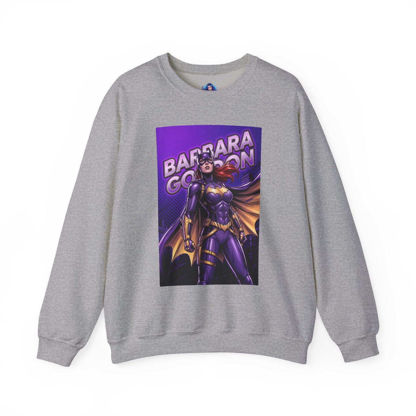 Batgirl Sweatshirt, DC Comics Crewneck, Gotham Hero Fan Apparel featuring purple-and-gold Batgirl comic art on grey crewneck